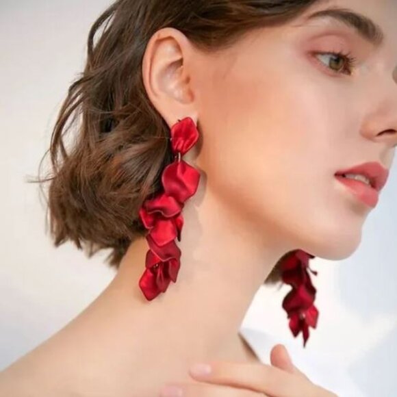 Red Rose Petal Long Earrings - Picture 1 of 4